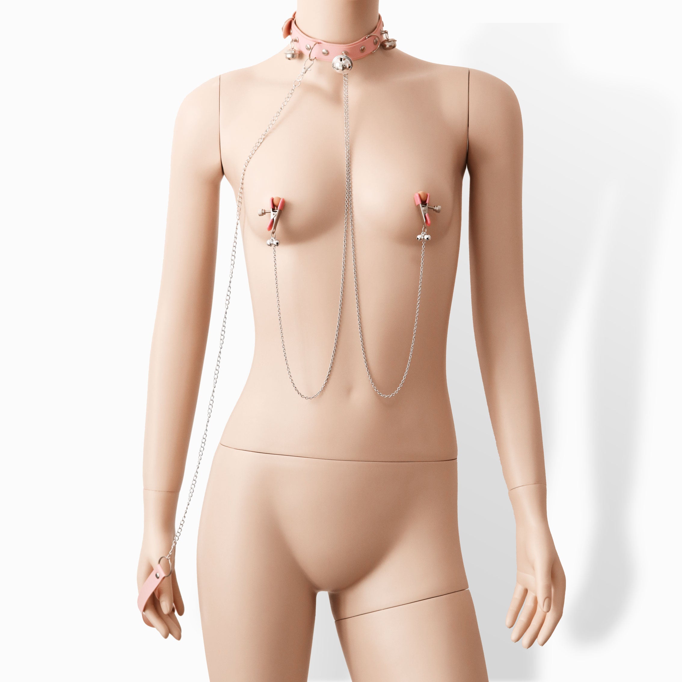 Pink adjustable nipple clamp collar with chain and leash