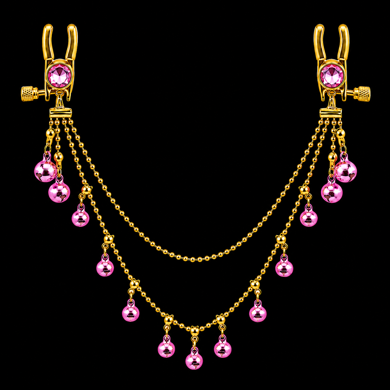 Pink Crystal Nipple Clamp With Chain And Bell