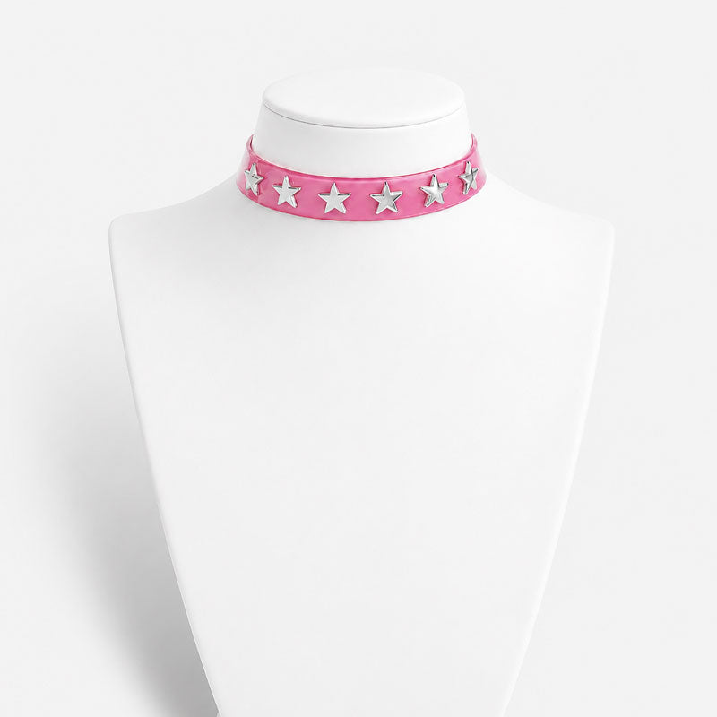 Pink Choker Collar with Silver Star Studs