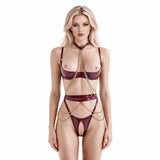 Cupless burgundy lingerie set with matching choker and thong