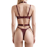 Back view of burgundy lingerie set with adjustable straps and thong
