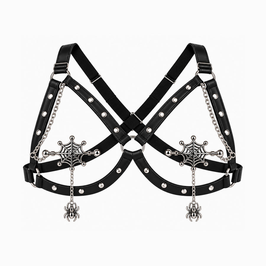 Gothic Nipple Clamp Harness with Spider Web Clamps