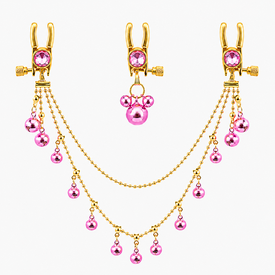 Pink Crystal Nipple Clamp Chain with Bell Tassels Set