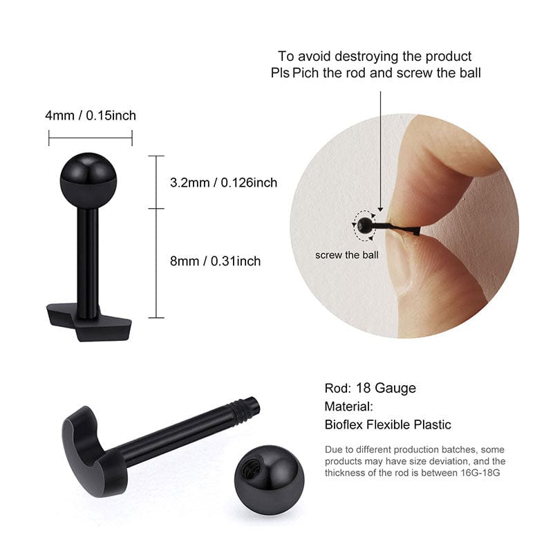 PiercingArt 穿刺饰品 Black Plastic Stud Earrings - 16G