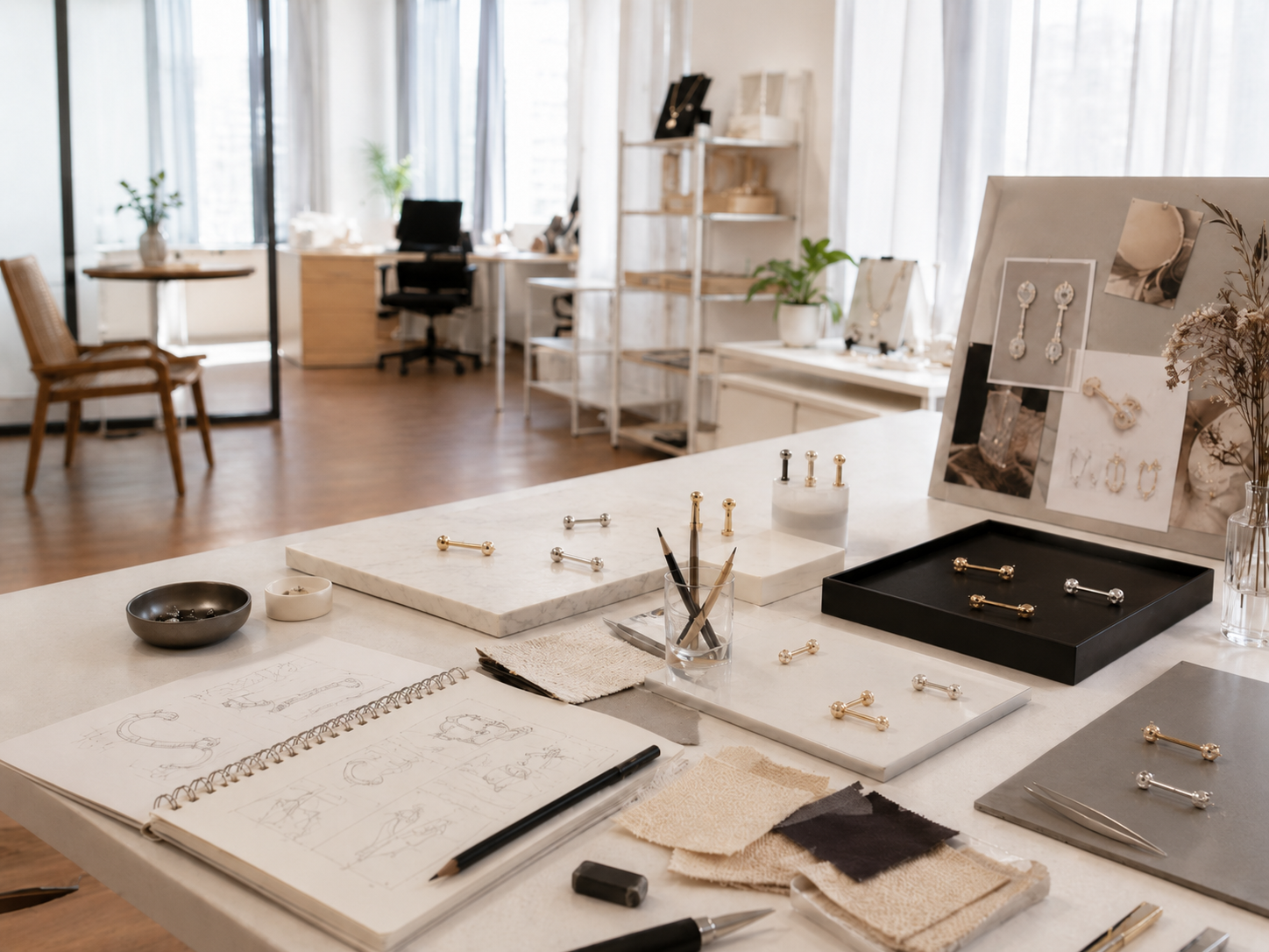 PiercingArt bright studio workspace with jewelry samples and design sketches