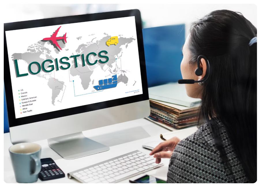 Female customer support representative checking logistics on a computer