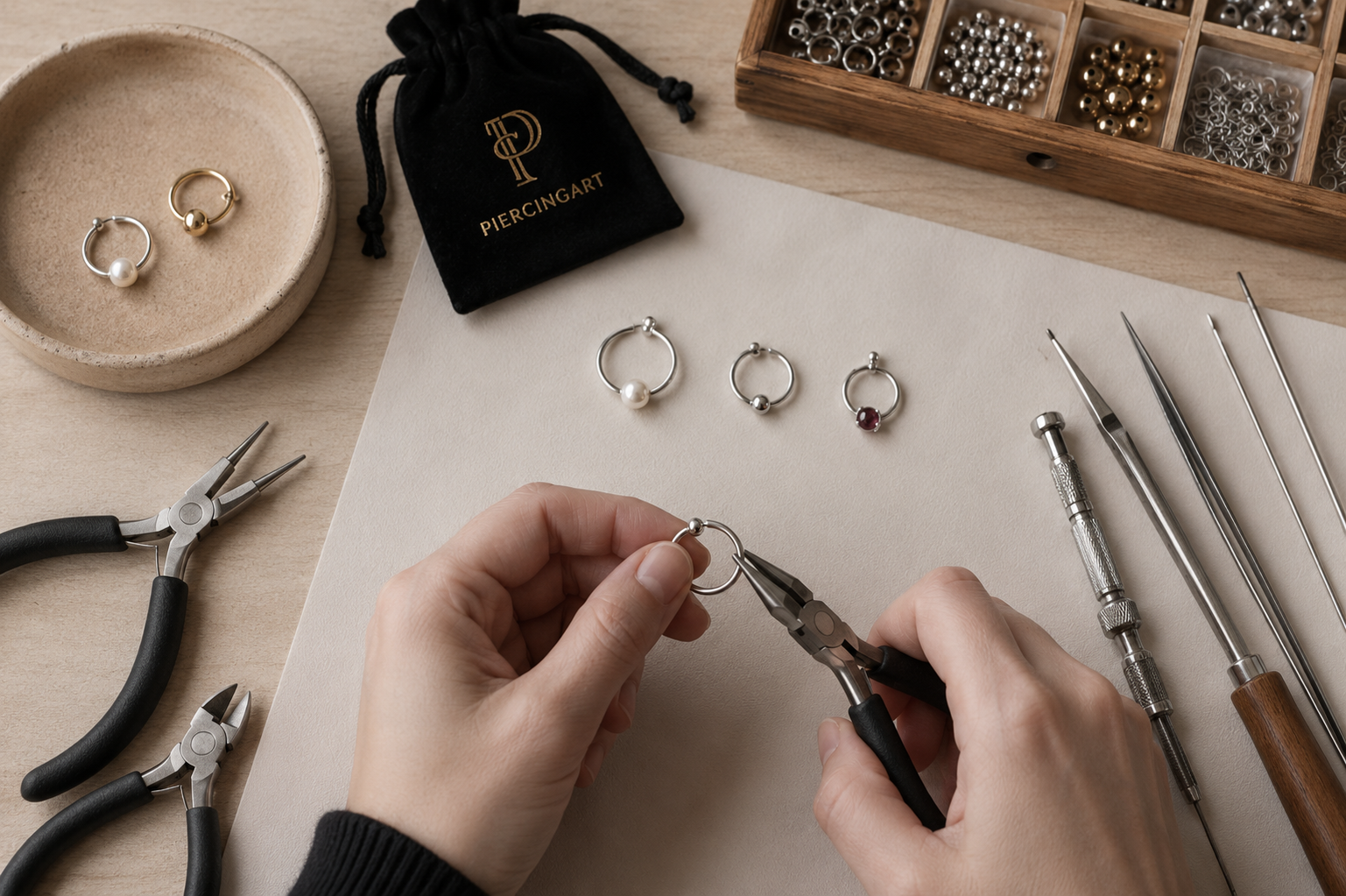 PiercingArt handmade jewelry process with tools and materials